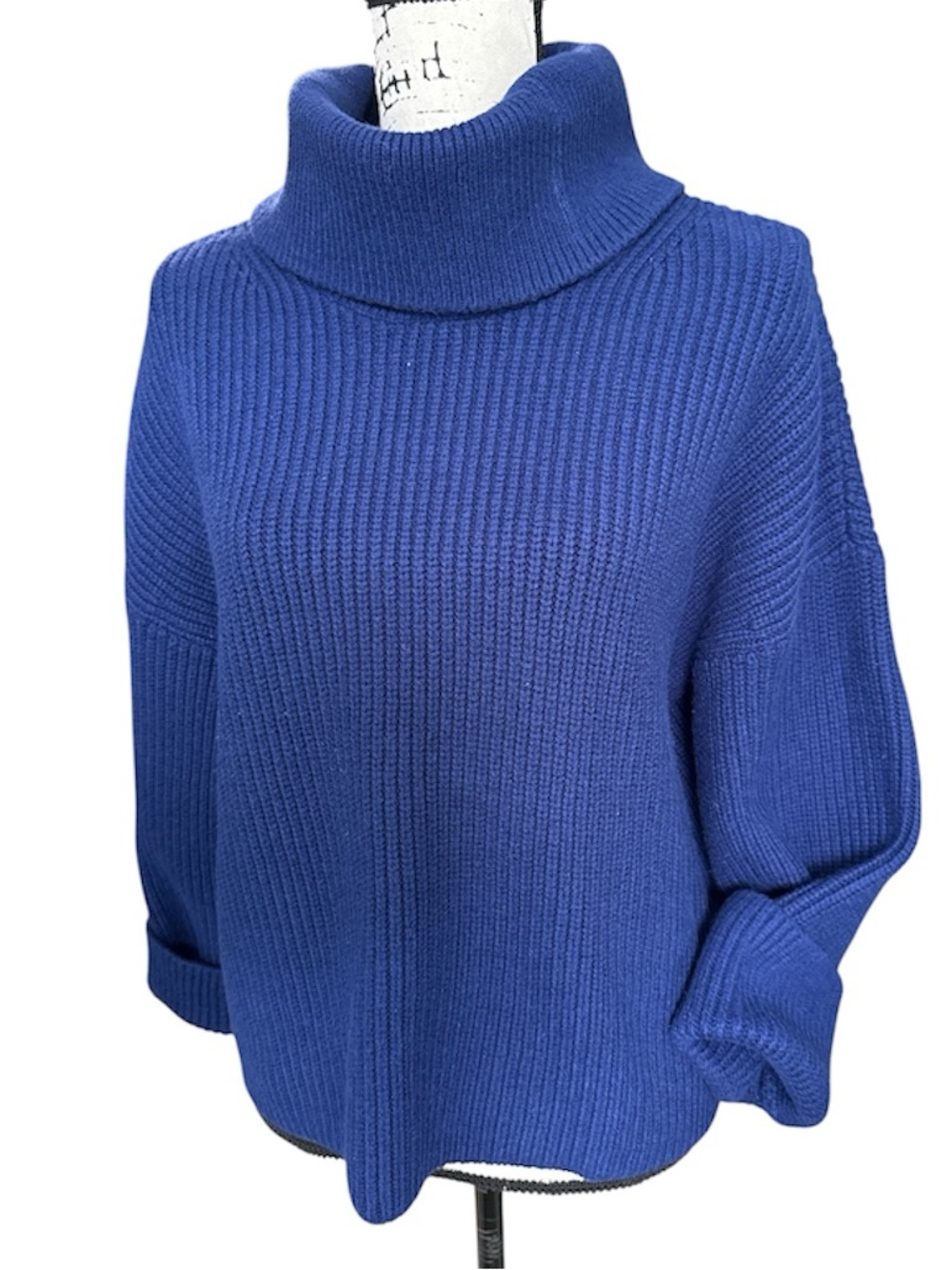 Banana Republic Royal Blue Chunky Ribbed Knit Cropped Turtleneck Sweater L Cozy